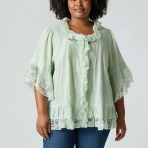 ROAMAN'S Blouse Top Size 16W Light Green Lace Ruffle Victorian Style Cotton